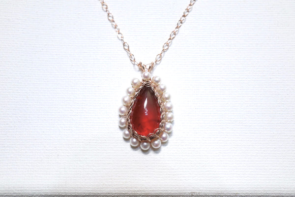高品質石榴石Akoya淡水珍珠編織水滴項鏈|14K注金|玫瑰金