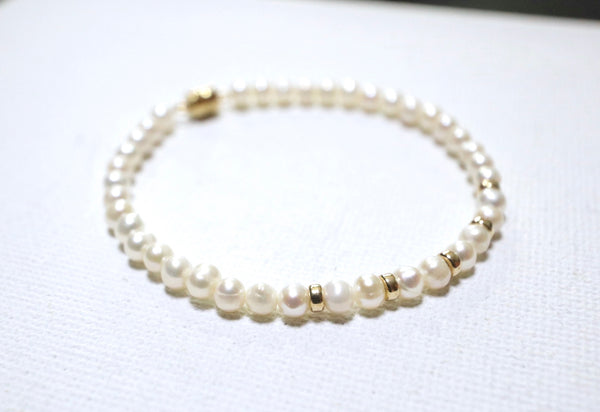 蛋圓五環珍珠手鏈|14K注金|金色