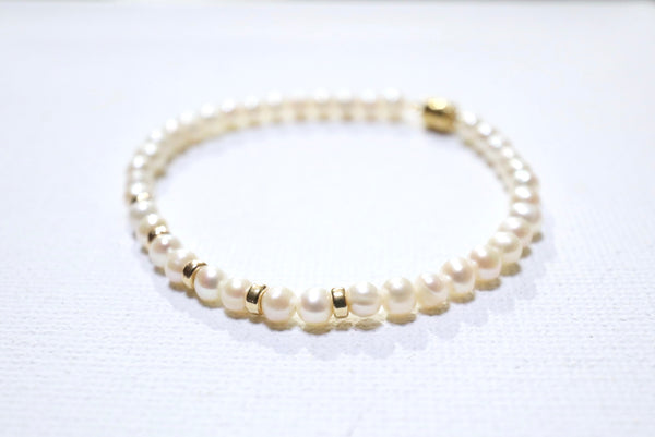 蛋圓五環珍珠手鏈|14K注金|金色