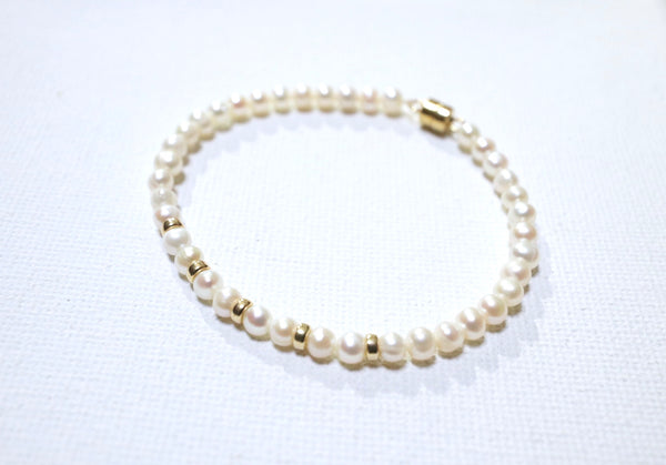 蛋圓五環珍珠手鏈|14K注金|金色