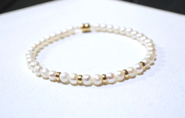 蛋圓五環珍珠手鏈|14K注金|金色