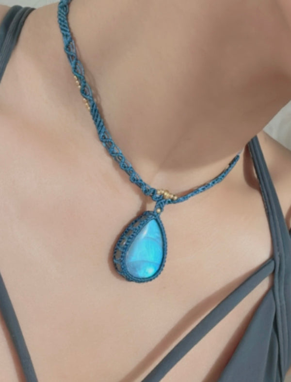 高品質強藍光水滴拉長石蠟線編織頸繩|粉藍色