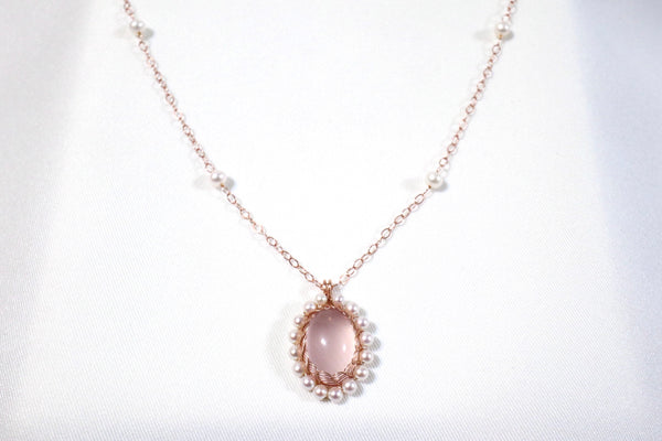 Akoya淡水珍珠編織粉晶項鏈(珍珠鏈身)|14K注金|玫瑰金