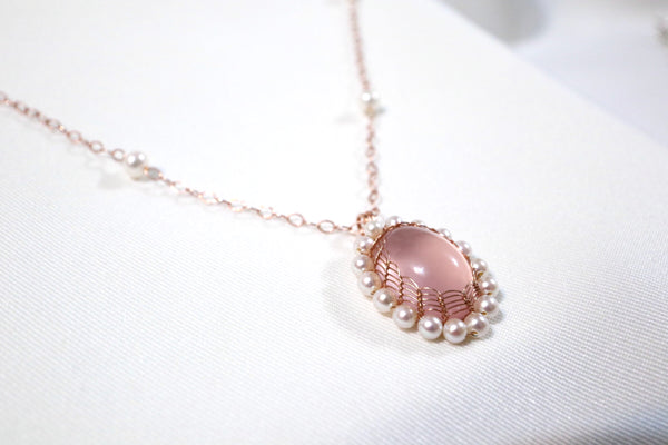 Akoya淡水珍珠編織粉晶項鏈(珍珠鏈身)|14K注金|玫瑰金