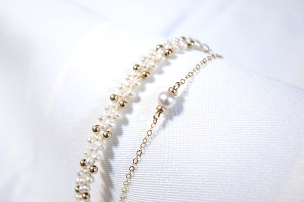 珍珠編織配極光單珠雙鏈手鏈|14K注金|金色