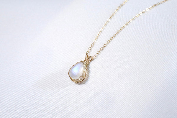 月亮石水滴經典編織頸鏈|14K注金|金色