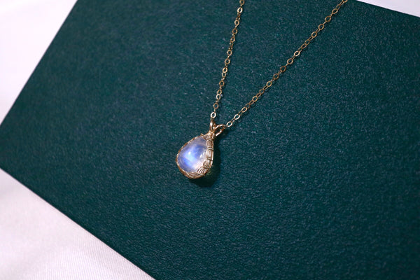 月亮石水滴經典編織頸鏈|14K注金|金色