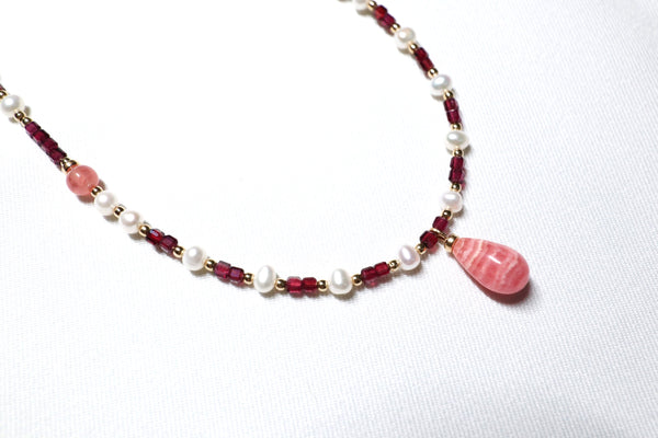 紅紋石X石榴石珍珠項鏈|14K注金|金色