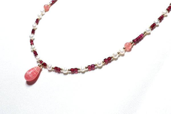 紅紋石X石榴石珍珠項鏈|14K注金|金色