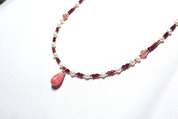 紅紋石X石榴石珍珠項鏈|14K注金|金色
