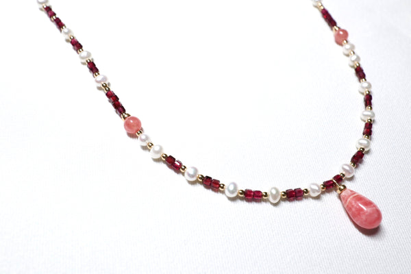 紅紋石X石榴石珍珠項鏈|14K注金|金色