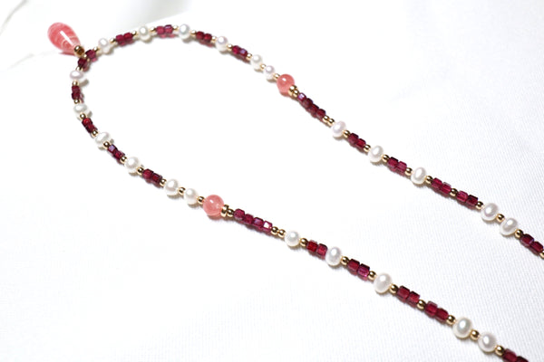 紅紋石X石榴石珍珠項鏈|14K注金|金色