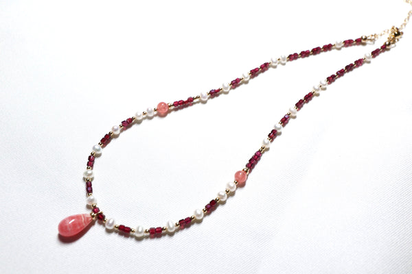紅紋石X石榴石珍珠項鏈|14K注金|金色
