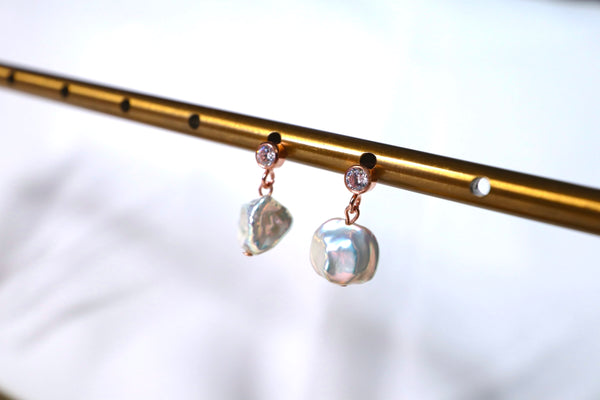 幻彩光南瓜珍珠鋯石耳環|14K注金|玫瑰金