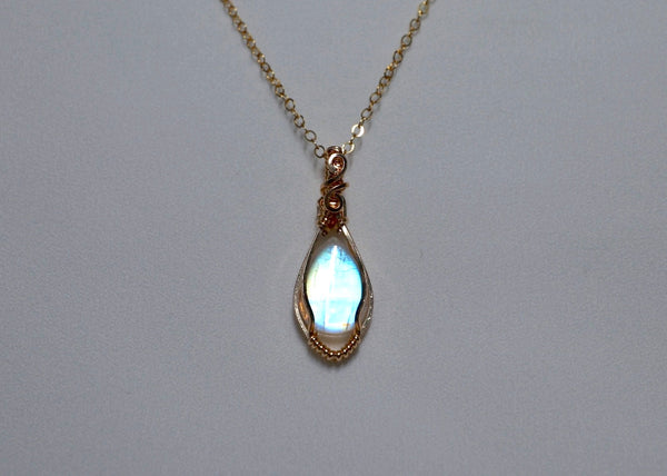 雙面強藍光月亮石精緻項鏈|14K注金|金色