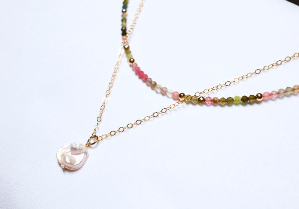 彩碧璽X異形珍珠點·綴雙鏈頸鏈|14K注金|金色