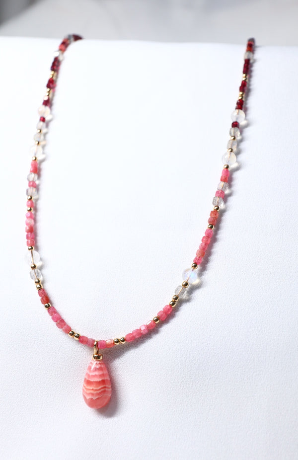 精選紅紋石X月亮石X石榴石X拉長石項鏈|14K注金|金色