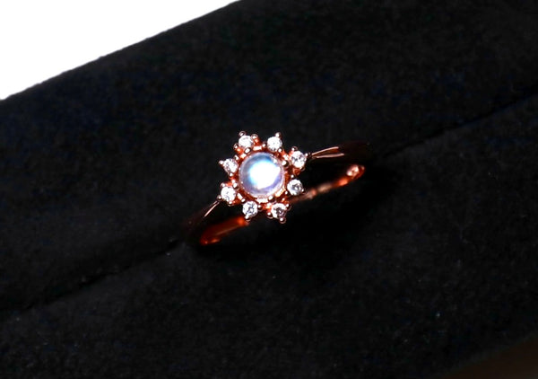 正圓藍光月亮石戒指|18K鍍金|玫瑰金色