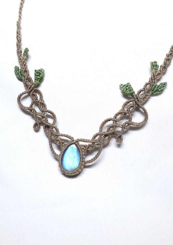 拉長石藤葉蠟綫頸繩|灰色x綠色