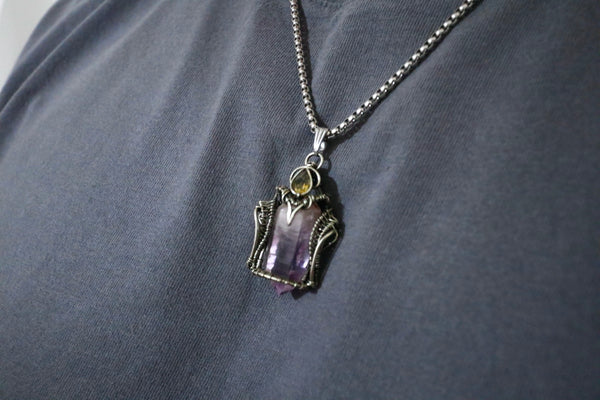 紫晶手工編織頸鏈 |白銅吊墜配鈦鋼粗鏈