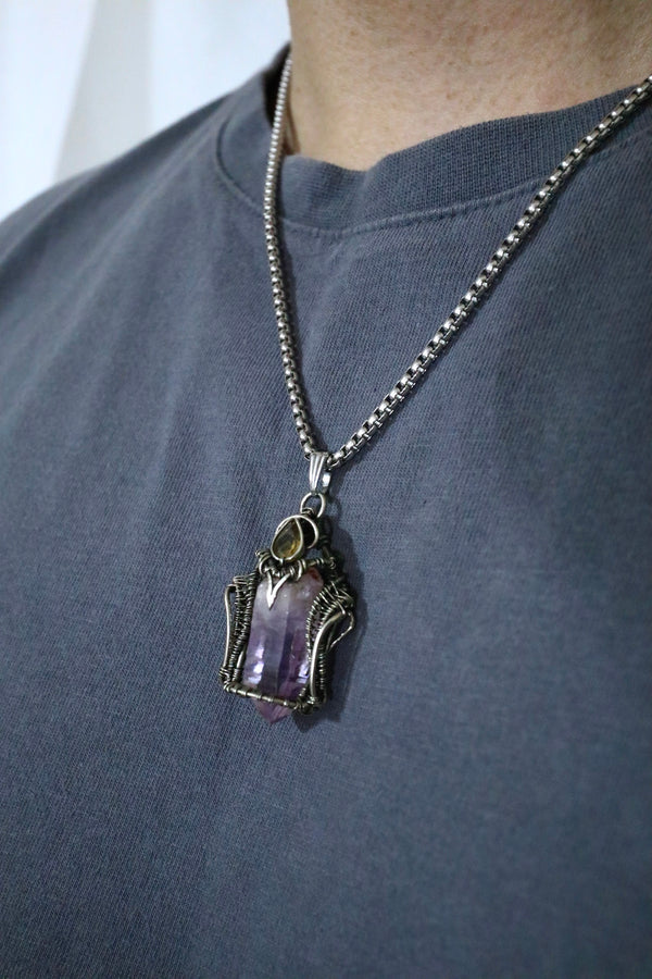 紫晶手工編織頸鏈 |白銅吊墜配鈦鋼粗鏈