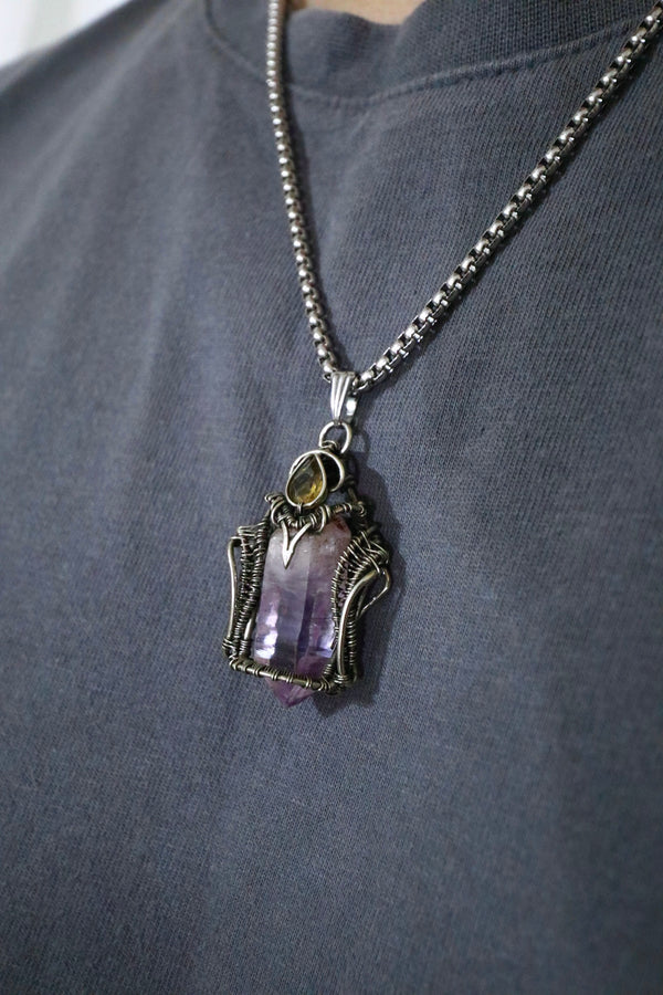 紫晶手工編織頸鏈 |白銅吊墜配鈦鋼粗鏈