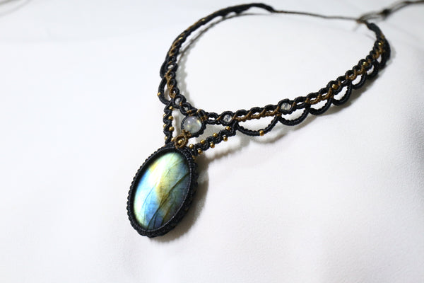 彩光拉長石圓壺蠟線編織頸繩|黑啡色