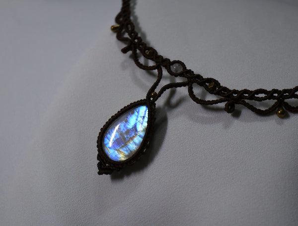 月亮石蠟線編織頸繩|黑色