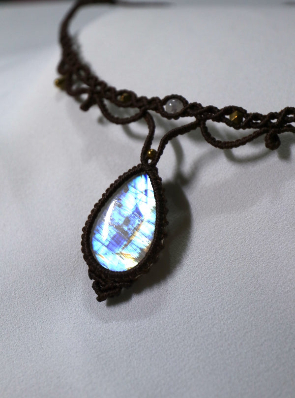 月亮石蠟線編織頸繩|黑色