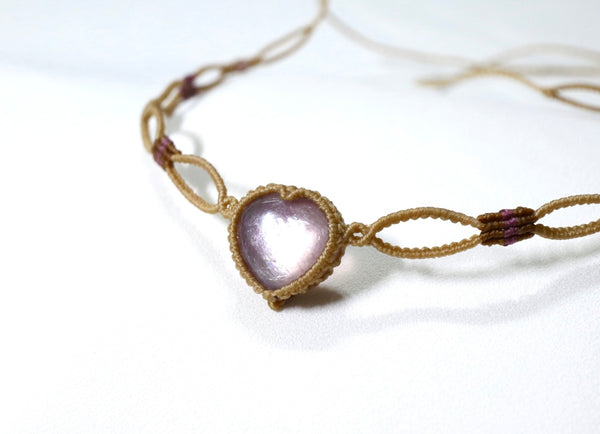 心形紫鋰雲母鏤空蠟線頸繩|卡其色X啡紫色
