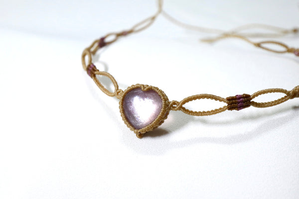 心形紫鋰雲母鏤空蠟線頸繩|卡其色X啡紫色