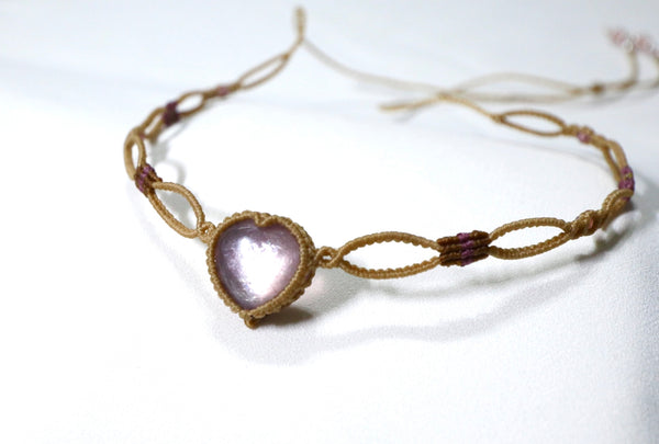 心形紫鋰雲母鏤空蠟線頸繩|卡其色X啡紫色