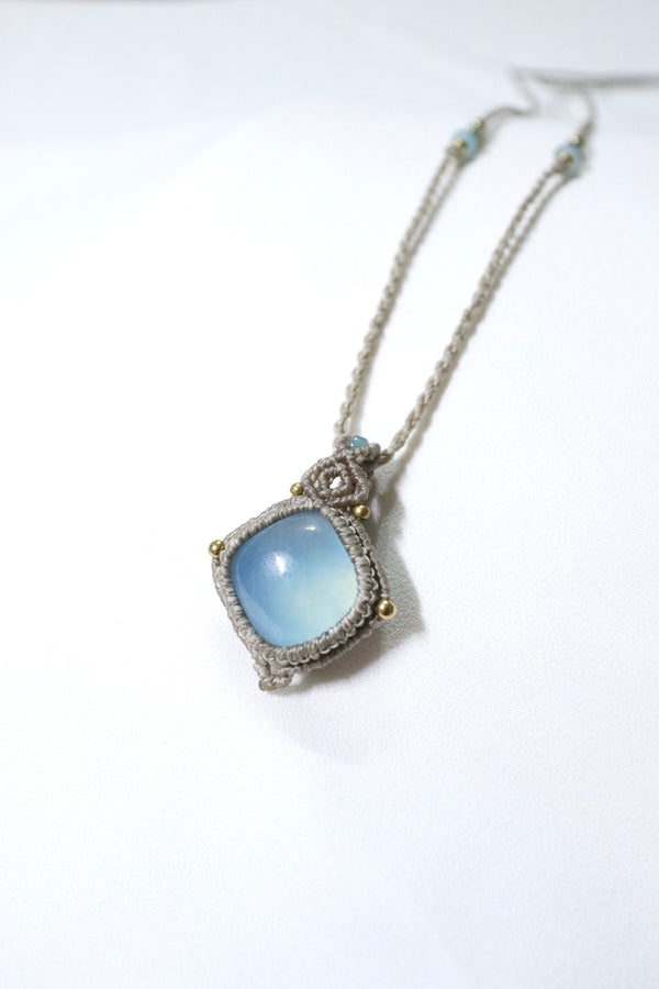 海藍寶方塊蠟線編織頸繩|灰色