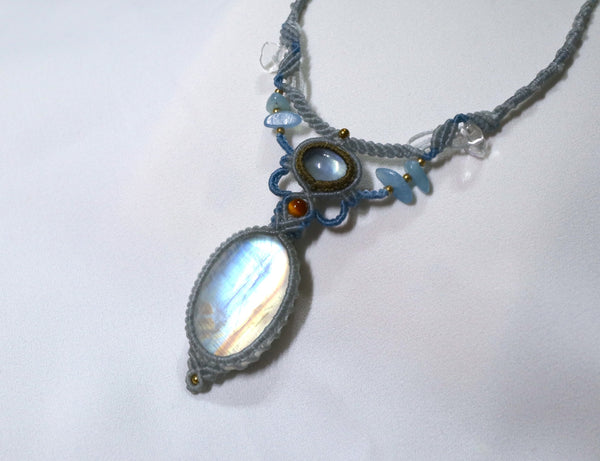 極品大月亮石海藍寶蠟線頸繩|天藍色