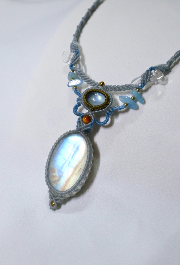 極品大月亮石海藍寶蠟線頸繩|天藍色