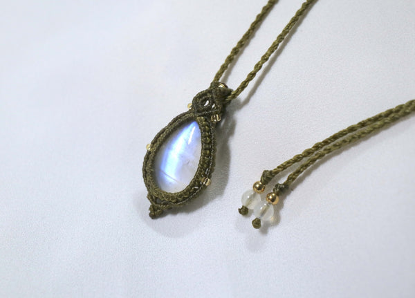 月亮石蠟線編織頸繩|軍綠色