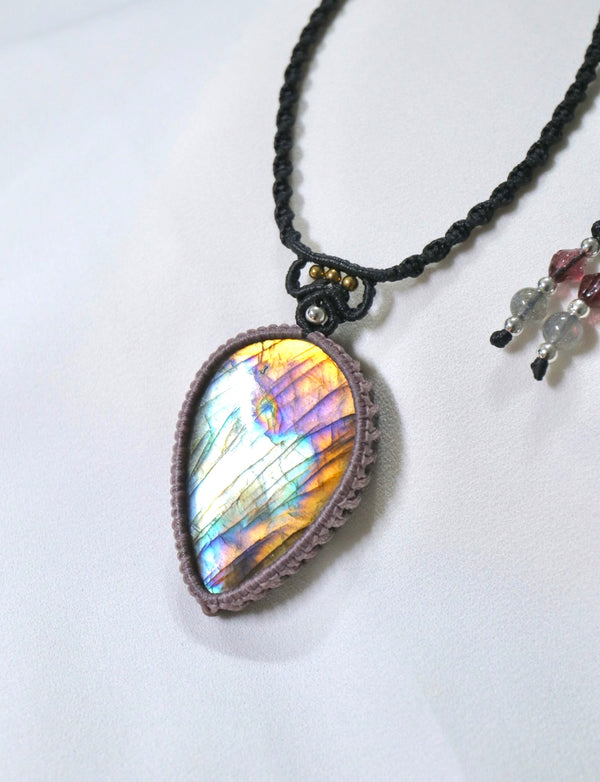 罕有幻彩極光拉長石蠟線編織頸繩|紫色X黑色