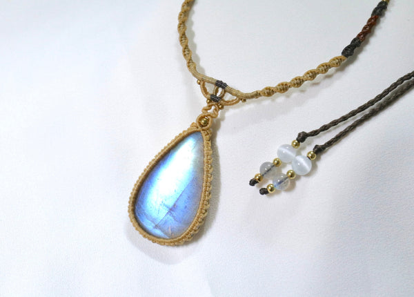 極品清透拉長石蠟線編織頸繩|卡其色X啡色