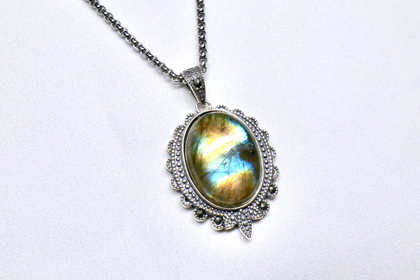 彩光拉長石銀太陽花頸鏈 |925純銀吊墜配鈦鋼粗鏈