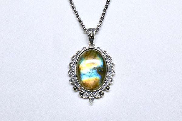 彩光拉長石銀太陽花頸鏈 |925純銀吊墜配鈦鋼粗鏈