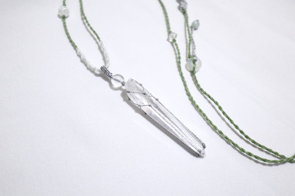 白水晶網織幼蠟綫頸繩|白色X青綠色