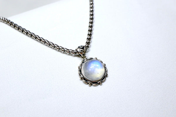 藍光月亮石銀太陽頸鏈 |925純銀吊墜配鈦鋼粗鏈