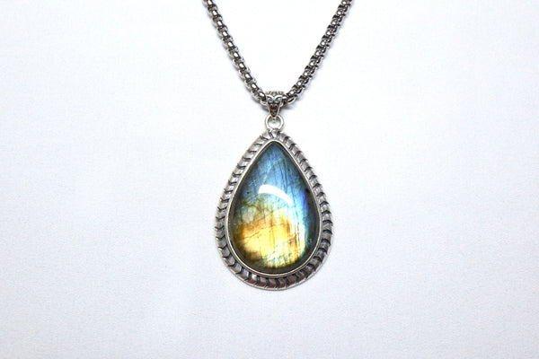 彩光拉長石頸鏈 |925純銀吊墜配鈦鋼粗鏈