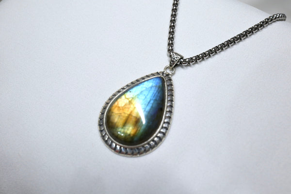 彩光拉長石頸鏈 |925純銀吊墜配鈦鋼粗鏈