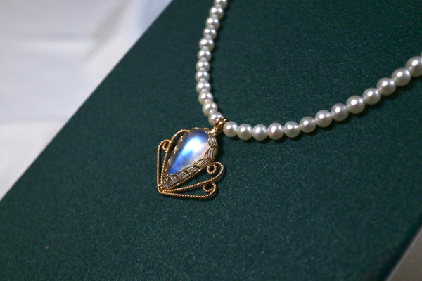 藍光月亮石馥郁珍珠項鏈|14K注金|金色