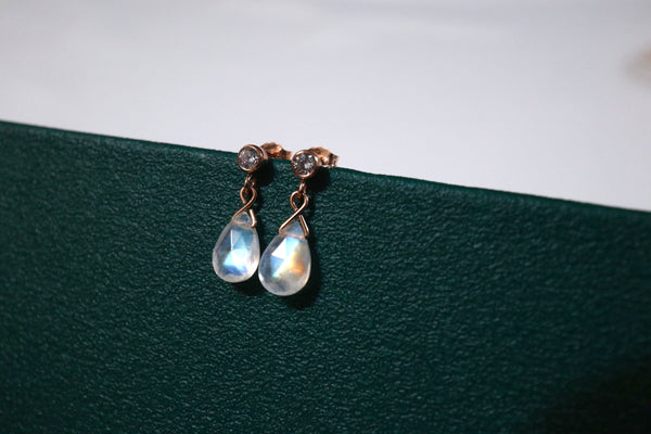 月亮石鑽面水滴鋯石耳環|14K注金|玫瑰金色