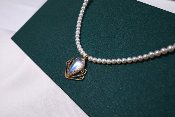 藍光月亮石馥郁珍珠項鏈|14K注金|金色