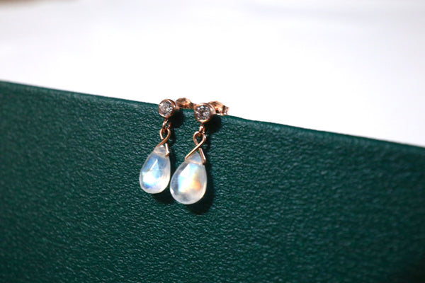 月亮石鑽面水滴鋯石耳環|14K注金|玫瑰金色