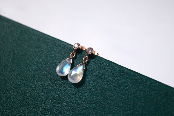 月亮石鑽面水滴鋯石耳環|14K注金|玫瑰金色