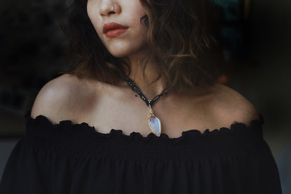 月亮石交織吊墜配蠟線編織項鏈|14K注金|金色